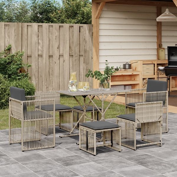 vidaXL 7-tlg. Garten-Essgruppe mit Kissen Hellgrau Poly Rattan 369014