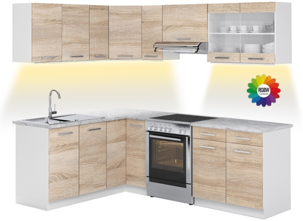 Eckküche Rick Weiß/Sonoma 227 x 60 cm , AP Marmor mit LED-Leisten Vicco