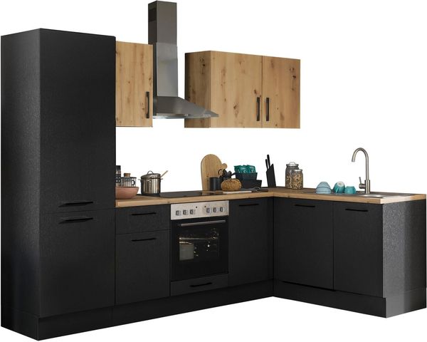 Turin L Eckküche 280 x 211 x 60 cm, schwarz - Basic Küchengeräte - Moderne, geräumige Küche in Artisan-Eiche Optik mit viel Stauraum