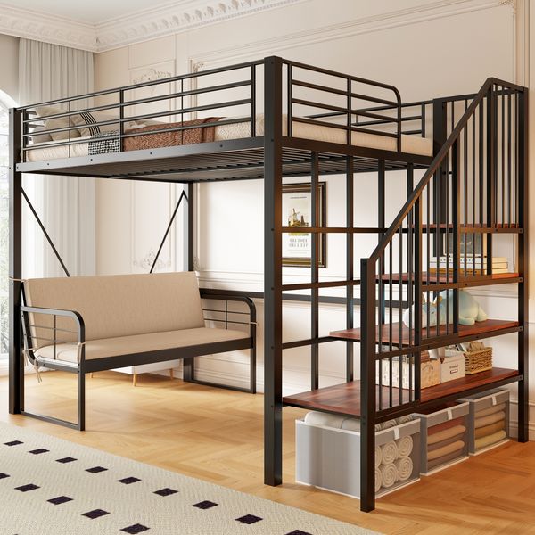 Merax Hochbett, Etagenbett (140 x 200 cm ) Jugendbett, Kinderbett mit stabilem Metallrahmen, Hochbett mit abnehmbarem Polstersofa, Stauraum und Sicherheitstreppe, Schwarz