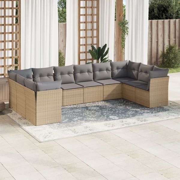 vidaXL 10-tlg. Garten-Sofagarnitur mit Kissen Beige Poly Rattan 3250038