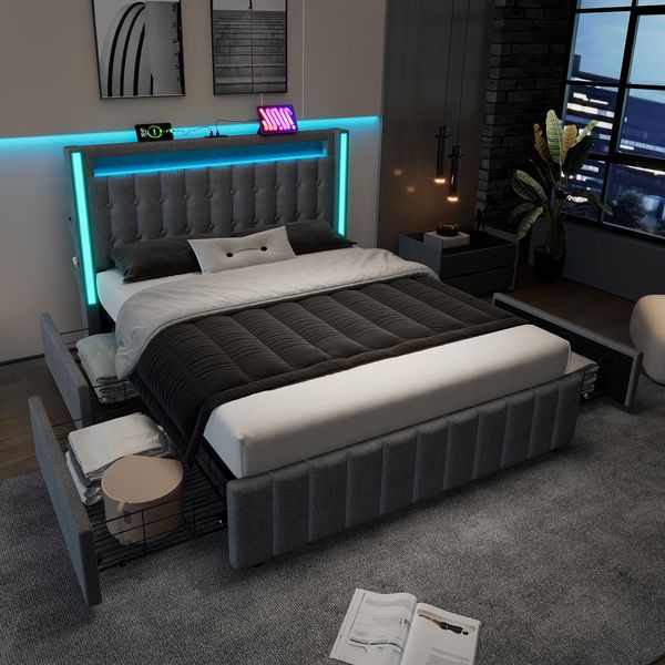 Ball & Cast Bett mit Stauraum 140x200, Stauraumbett mit Beleuchtungsband, USB-Ladestation und 4 Schubladen, Doppelbett mit Kopfteil & Lattenrost, ohne Matratze, Grau