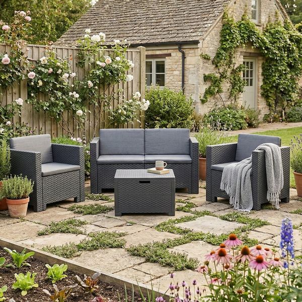 Dmora - Loungeset für draußen Kuiper, Outdoor-Lounge mit Couchtisch, Terrassenset mit Kissen, Gartenkomposition mit Sofa und Sesseln, Made in Italy, Anthrazit
