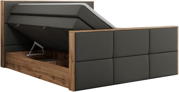 Doppelbett, Boxspringbett mit zwei Multipocket-Matratzen und ein Topper, Bettkästen, Eiche Wotan Holzrahmen, genähtes Kopfteil und Front - ALBERO 2 KING DUO - 140 x 200 cm - Dunkelgrau Kunstleder - H3 Bild 5