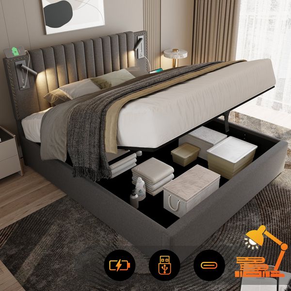 Polsterbett 160x200 cm ohne Matratze, grau, mit Bettkasten, verstellbarem Kopfteil, Leselicht und USB/Type-C