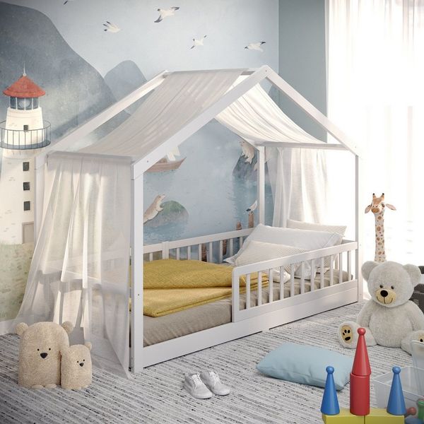 CADANI Kinderbett Malte Bodenbett Hausbett weiß (Rausfallschutz abnehmbar), Bodenbett Hausbett mit Roll-Lattenrost