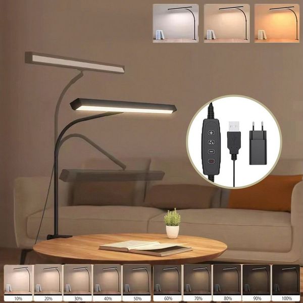 Jibenhome LED Schreibtischlampe Tischlampen 360° Schwanenhals,USB Dimmbar Klemmtischleuchte, USB mit Adapter, LED fest integriert, 3 Farben,40cm Breit für Arbeit,Lesen & Handwerk
