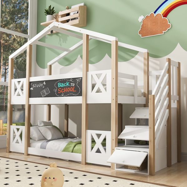 Etagenbett 90x200 cm mit Treppe und Stauraum – Kinderbett im Baumhaus-Design aus Kiefer-Massivholz, Weiß/Natur