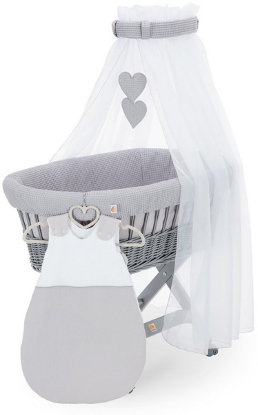 FabiMax Stubenwagen Grau lackiert, 2 in 1 Musselin / Waffelpiqué Komplettset Grau mit Schlafsack