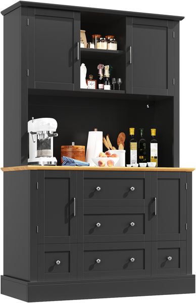 Hochschrank mit LED-Beleuchtung & 3 Schubladen, 115x40x180 cm, Schwarz/Natur Bild 5