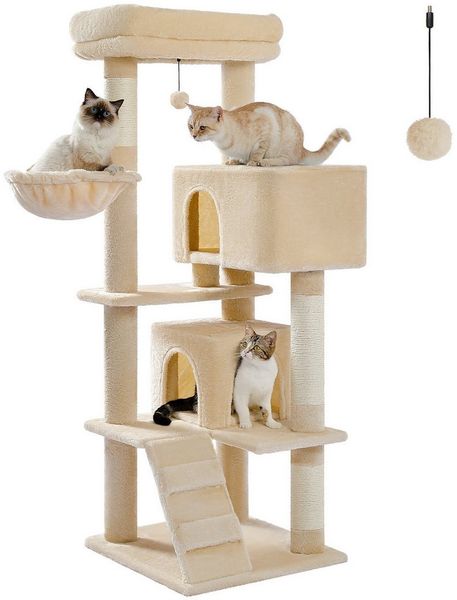 PETEPELA Kratzbaum 143cm Kratzbaum mit abnehmbarem Kissen, Kratzpfosten, Doppel-Katzenhaus – Extra groß für schwere Katzen