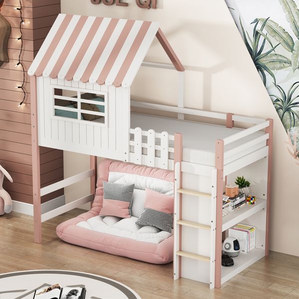 Kinderbett 90x200 cm hoch und niedrig Bett für Jungen und Mädchen Heimbett Dachform mit Sicherheitsleiter mit Ablagefach Multifunktionsbett Massivholzbett mit Lattenrost Rosa