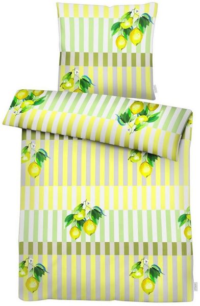 APELT Bettwäsche Fresh Gots, Satin (Bio-Baumwolle), Zitronen auf Streifen