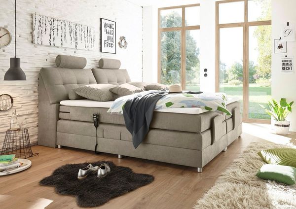 PALERMO 2 Boxspringbett 180x200 elektrisch verstellbar, Sand - Bequemes Doppelbett mit dekorativer Steppung & Komfortschaum Topper - 180 x 127 x 234 cm (B/H/T)