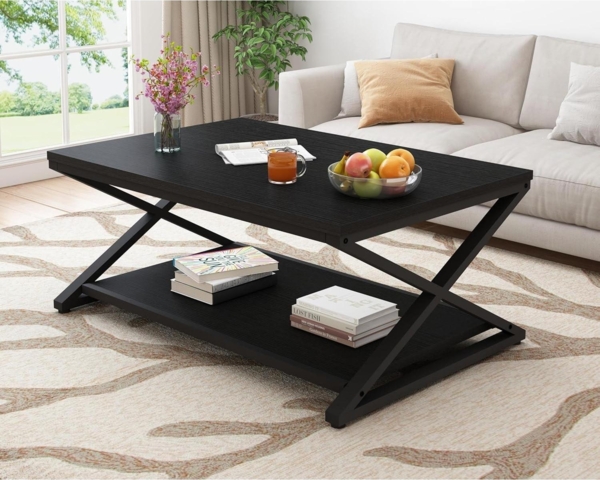 Couchtisch Klein Schwarz Holz Metall Stauraum Beistelltisch 100x60x45cm