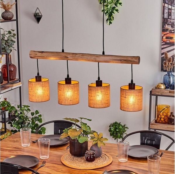 hofstein Pendelleuchte moderne Hängelampe aus Holz/Metall/Leinen in Natur/Schwarz/Beige, ohne Leuchtmittel, Hängeleuchte im skandinavischen Design, 4xE27, ohne Leuchtmittel