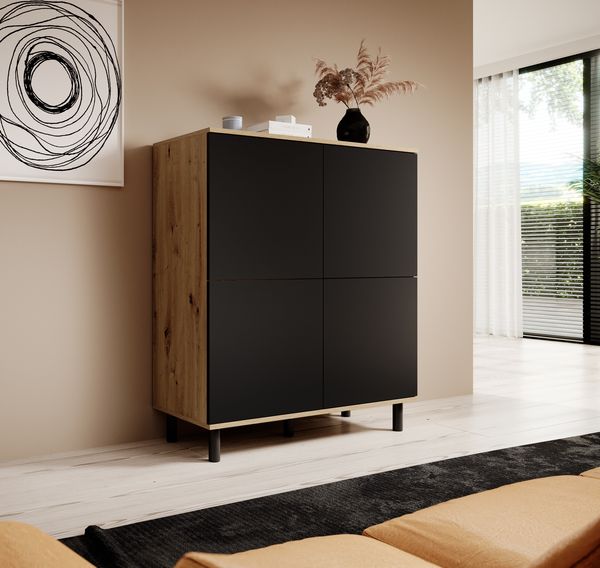 Kommode 4-Türig, Aufbewahrungsschrank, Sideboard, 100 cm, Artisan/Schwarz, Loft-Design, Masimo, 112 x 40 x 100 cm