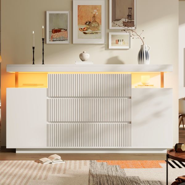 Merax LED Sideboard, Kommode 150 x 40 x 78 cm mit 6 Schubladen & 2 Türen, Schwebendes Design Anrichte, Wohnzimmerschrank Flurschrank mit Riffelfronten, Weiß