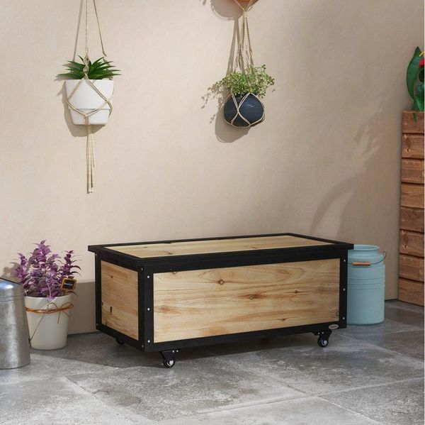 Outsunny Gartenbox 121L, aus Holz, Gartenbox, Auflagenbox mit Rollen (Aufbewahrungsbox, 1 St, Aufbewahrungskiste), für Balkon, Terrasse, Natur