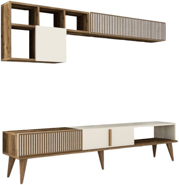Dmora Wohnzimmermöbel Gordon, Modulares Wohnzimmerset, Mehrzweck-Wohnzimmermöbel, Moderner TV-Schrank, 180x35 h40 cm, Walnuss und Creme