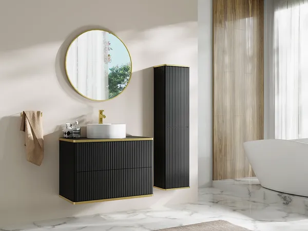 Vente-unique - KELIZA Badezimmersäule und -regal Holz, Platte Schwarz - B 25 cm x H 140 cm x L 35 cm