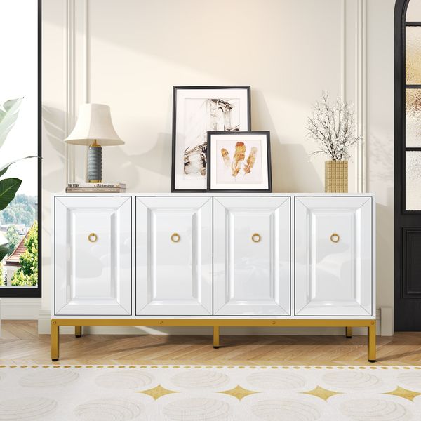 Sideboard 140 x 40 x 80 cm aus MDF/Spanplatte in Weiß Hochglanz mit goldenen Metallbeinen