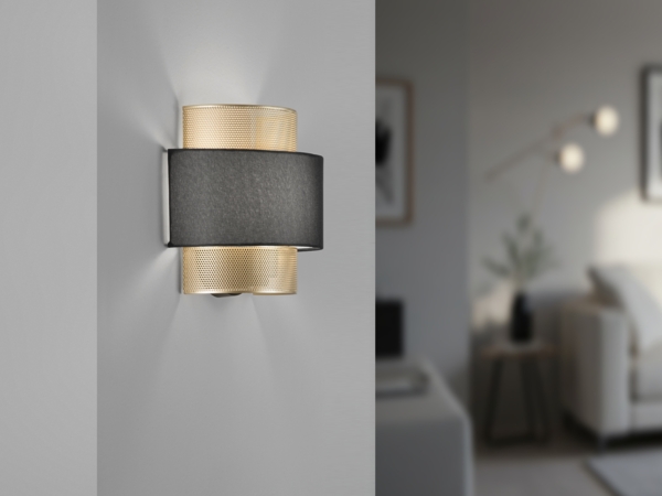 LED Wandlampe Metall Gold mit Stoffblende Schwarz, Breite 25cm Bild 1