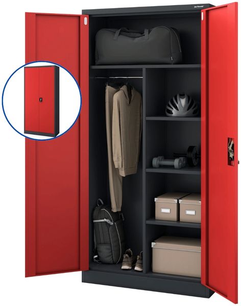 Mehrzweckschrank Metall abschließbar DAWID - Funktionaler Metallschrank | Schließfachschrank Putzmittelschrank Besenschrank Vorratsschrank, 185x90x45cm Anthrazit-Rot