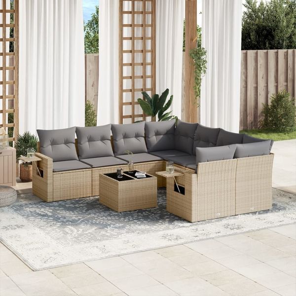 vidaXL 9-tlg. Garten-Sofagarnitur mit Kissen Beige Poly Rattan 3219958