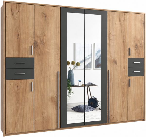 Drehtürenschrank Kleiderschrank 273cm Passepartout Spiegel Eiche Dekor, Grafit