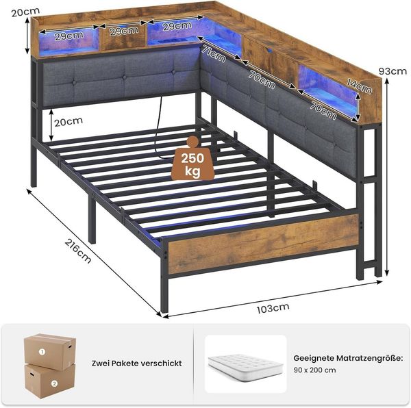 MSMASK Daybett Polsterbett Jugendbett mit LED-Beleuchtung und USB-Ladestation, Bettgestell mit Lattenrost aus Metall, 90 x 200 cm