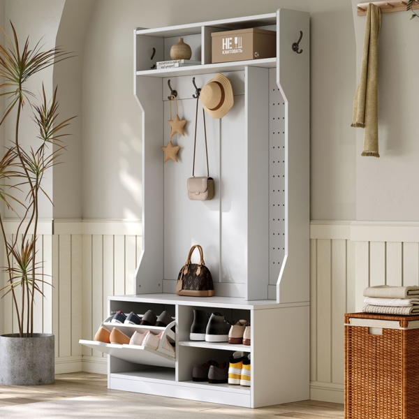 Merax Garderobenset, Komplett-Set Flurgarderobe mit Sitzbank, 6 Haken, 1 Türen & 4 Offener Lagerraum - Weiß