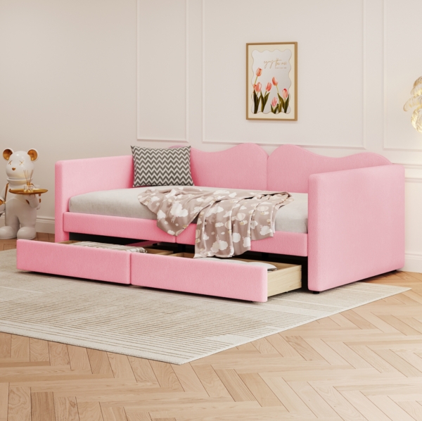 Merax Polsterbett Teddy-Samt Kinderbett Schlafsofa Daybett mit 2 Schubladen 90x200cm, Rosa