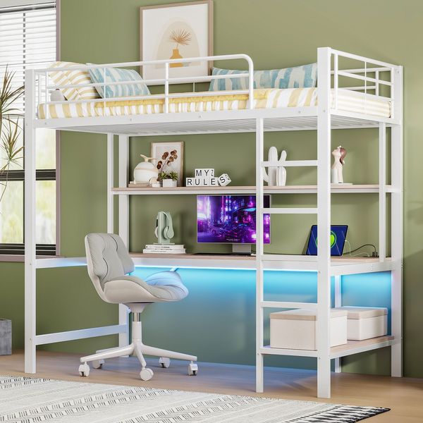 Hochbett mit Schreibtisch, LED-Beleuchtung, USB Anschlüssen, Rausfallschutz, Steckdosen und Regal, 90x200 cm, Metallbett, Jugendbett