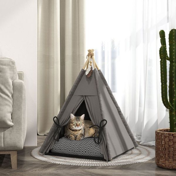 PawHut Tierbett mit abnehmbar und waschbar Kissen, rutschfestem Boden, Spielball, Oxfordstoff, für Katzen unter 5kg, Mini Hunde, 60 x 60 x 76 cm, Grau