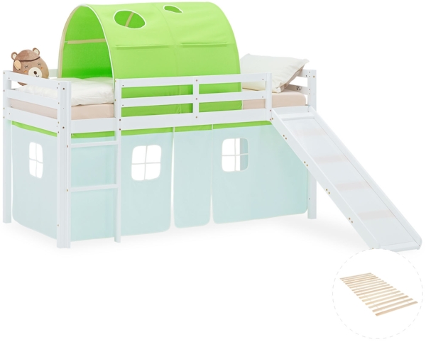 Hochbett 90x200 cm mit Lattenrost Rutsche Stockbett Kinderbett Holz Kiefer Vorhang Tunnel Grün
