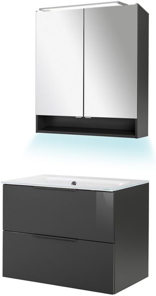 FACKELMANN LUNA Waschtisch Set mit Spiegelschrank 80 cm breit, Anthrazit, Waschbecken Glas Weiß + Ambientebeleuchtung