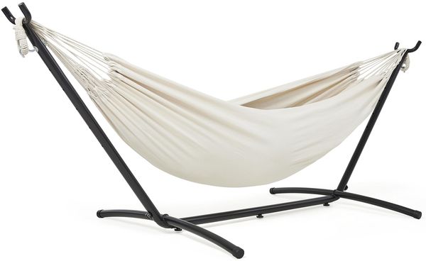 Mondeer Hängematte mit Hängemattengestell, Doppel Baumwolle mit Gestell für 2 Personen, Tragbare Outdoor & Indoor Terrasse Hof Garten, Belastbarkeit bis 200 KG, Beige