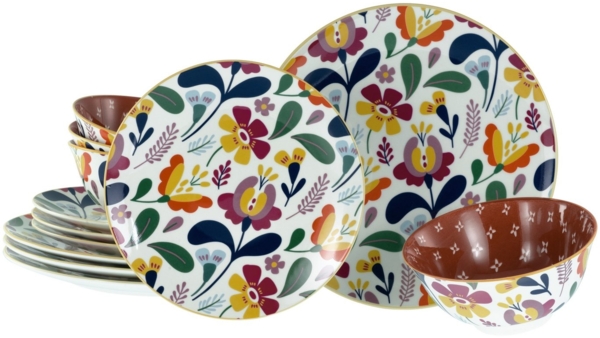 CreaTable Teller-Set Folklore Bunt, Tellerset 12-tlg (12-tlg), 4 Personen, Steinzeug, Blumenmotive