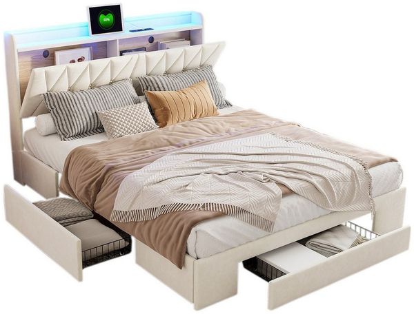 FUROKOY Stauraumbett Polsterbett Doppelbett mit 3 Schubladen und LED-Beleuchtung (Klappbares Gepolstertes Kopfteil mit USB-Ladeanschluss), für Erwachsene und Jugendliche, 140x200 cm, Samt, Beige