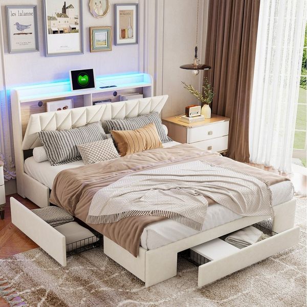 FUROKOY Stauraumbett Polsterbett Doppelbett mit 3 Schubladen und LED-Beleuchtung (Klappbares Gepolstertes Kopfteil mit USB-Ladeanschluss), für Erwachsene und Jugendliche, 140x200 cm, Samt, Beige