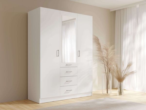 Home affaire Kleiderschrank KOS Garderobe mit 3 Schubladen, Kleiderstange, 4 Einlegeböden, Spiegel Wäscheschrank mit 3 Drehtüren, silber Griffen, Maße B/H/T 150/200/58cm