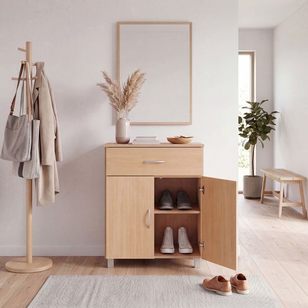 Schuhschrank 60x75x30cm Buche Optik mit Schublade & 2 Türen Spanplatte melaminbeschichtet