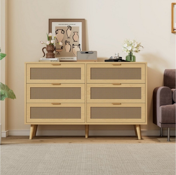 Flieks Kommode (120x76,5x40 cm, 1 St), Sideboard mit 6 Schubladen Rattan Aufbewahrungsschrank Massivholzbeine