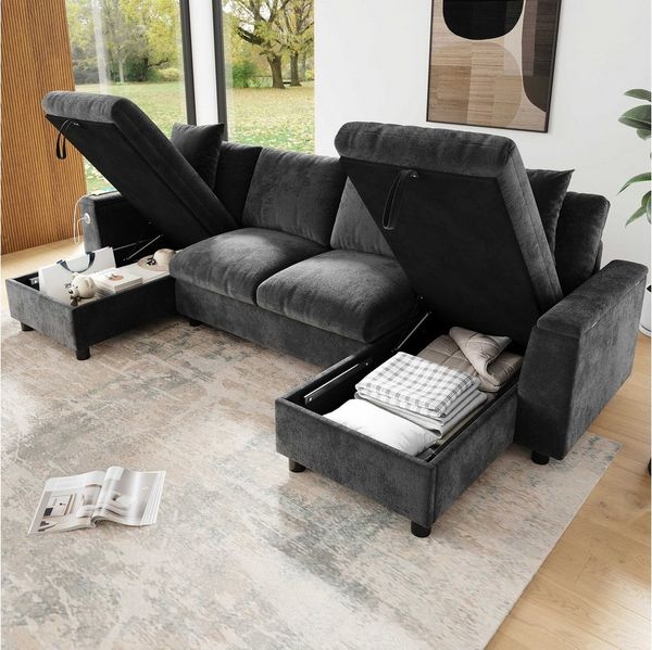 BlingBin Ecksofa Schlafsofa,Wohnlandschaft U-Form, zwei Chaiselongues, Ladeanschlüssen und klappbaren Fächern für Ordnung