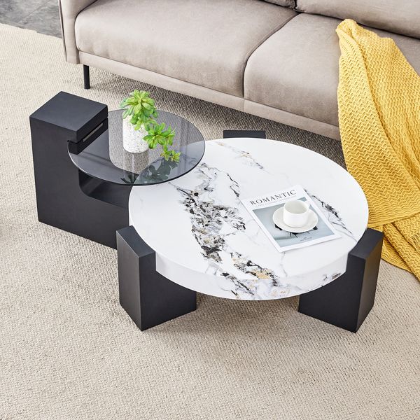 Rundes Beistelltisch-Set H 44 x T 123 x B 61 cm, MDF und Glas, zerlegbar, Marmor-Optik