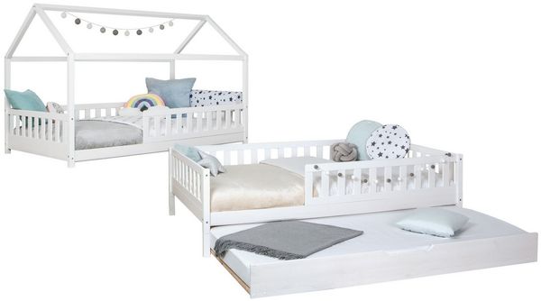 Ticaa Hausbett Duo mit Rausfallschutz und Zusatzbett aus Kiefer, Bodenbett 100x200, inkl. abnehmbarem Dach, mit Rollrost, mit Matratze