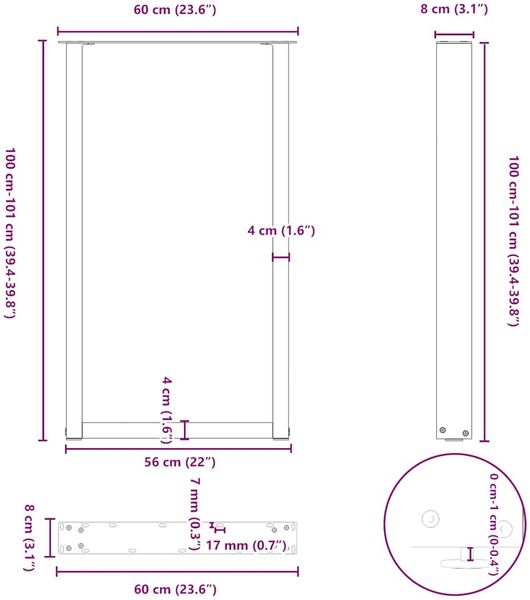 vidaXL Bartischbeine U-Form 2 Stk. Weiß 60x(100-101) cm Stahl 4013237 Bild 10