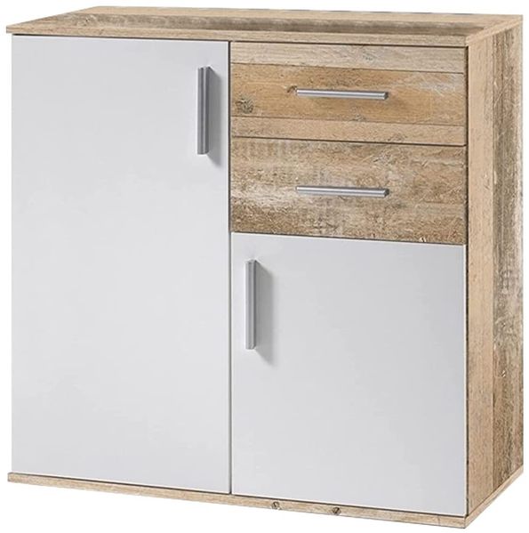 BAKAJI Anrichterschrank mit 2 Schubladen, Doppeltür und 2 Ebenen, Innenschrank, Sideboard, Mehrzweckschrank, Küche, Büro, modernes Design, Maße: 82 x 35 x 80 cm (Weiß und Eiche in Holzoptik)