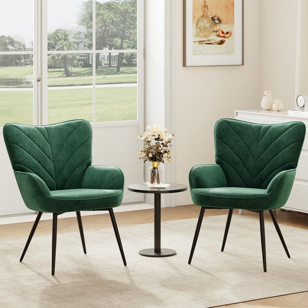 COLAMY Wohnzimmer Sessel 2er Set, Samtbezogener Relaxsessel mit hoher Rückenlehne, Gepolsterter Komfortsessel mit Wingback-Design, Lounge Chair mit Holzbeinen für Wohnzimmer, Leseecke, Grün